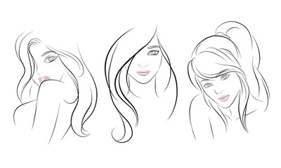 girl face long hair portrait isolated on white background. hand drawn vector illustration