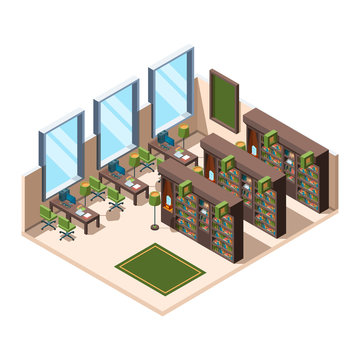 Library interior. University school room with bookshelves librarian campus vector isometric building. Library interior, furniture 3d bookshelf, university or school illustration