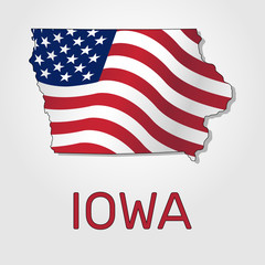 Map of the state of Iowa in combination with a waving the flag of the United States. Iowa silhouette or borders for geographic themes - Vector