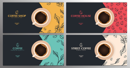 Cup of Coffee. Set of Sketch banners with coffee beans and leaves on colorful background for poster or another template design. - 282272599
