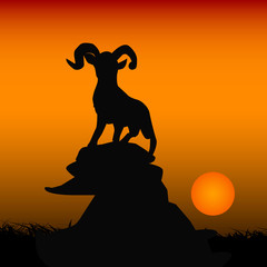 Fototapeta na wymiar Mountain goat on a mountain at sunset, illustration