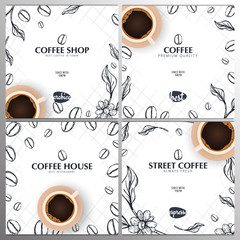 Cup of Coffee. Set of Sketch banners with coffee beans and leaves for poster or another template design.