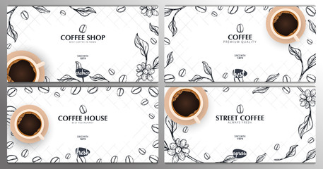 Cup of Coffee. Set of Sketch banners with coffee beans and leaves for poster or another template design.