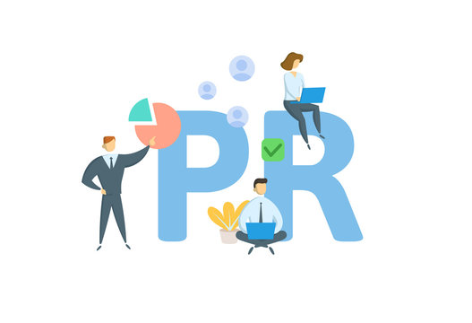 PR. Concept with people, letters and icons. Colored flat vector illustration. Isolated on white background.