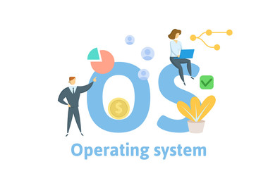 OS, Opereting System. Concept with people, letters and icons. Colored flat vector illustration. Isolated on white background. - obrazy, fototapety, plakaty