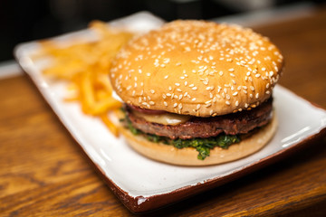 Delicious burger with fries on white plate