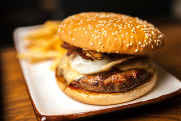 Delicious burger with fries on white plate