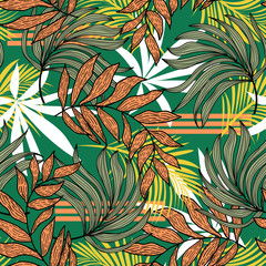 Abstract seamless pattern with colorful tropical leaves and plants on green background. Vector design. Jungle print. Floral background. Printing and textiles. Exotic tropics. Summer design.