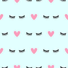 Cute seamless pattern with closed eyes and hearts. Simple girly print. Vector illustration.
