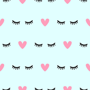 Cute seamless pattern with closed eyes and hearts. Simple girly print. Vector illustration.