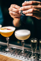 Fototapeta na wymiar Close-up of expert bartender making cocktail on the bar, blurred background.