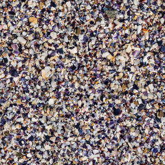 Seamless texture of wet crushed shells beach, macro. Crushed shells, stones and sand seamless pattern, close up
