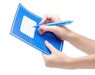 School exercise book notebook with pen in hand education on white background isolation