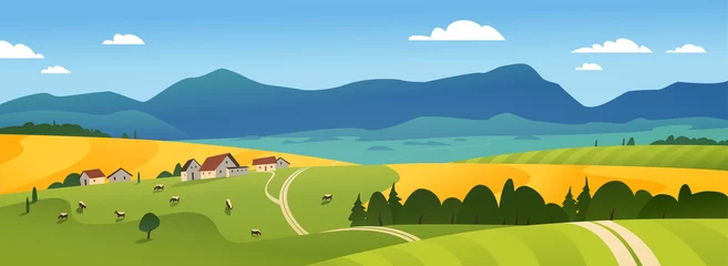  Vectorillustratie platte landschap van zomer platteland natuurweergave: lucht, bergen, gezellige dorpshuizen, koeien, velden en weiden. Voor verpakking van landbouwproducten, stickerontwerp, banner, flayer enz. © artflare