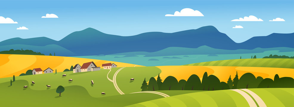 Vector flat landscape illustration of summer countryside nature view: sky, mountains, cozy village houses, cows, fields and meadows. For farm product packaging, sticker design, banner, flayer etc.