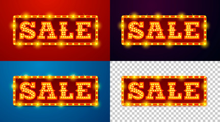 Vector realistic set of glowing SALE signs with lamps, transparent on different backgrounds.