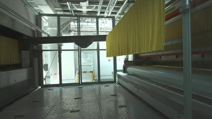 Pasta factory and pasta production stages. Close up of dry macaroni spilling from machine unit on modern food production factory. Conveyor line for macaroni production. Pasta Factory at Work