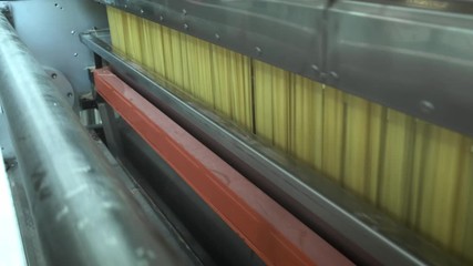 Pasta factory and pasta production stages. Close up of dry macaroni spilling from machine unit on modern food production factory. Conveyor line for macaroni production. Pasta Factory at Work