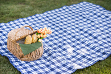 Picnic blanket with a basket on grass