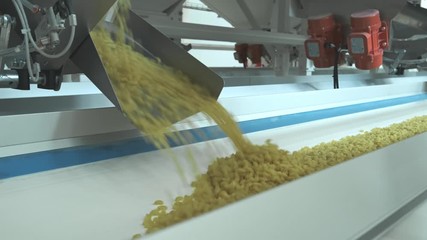 Pasta factory and pasta production stages. Close up of dry macaroni spilling from machine unit on modern food production factory. Conveyor line for macaroni production. Pasta Factory at Work