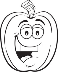 Black and white illustration of a happy smiling pumpkin.