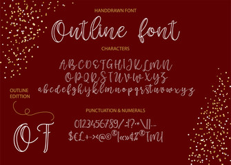 Fototapeta na wymiar Script hand drawn vintage vector alphabet ABC font with letters, numbers, symbols. For calligraphy, lettering, hand made quotes.