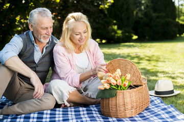 Old man and woman looking at the picnic basket