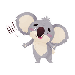 Cartoon humanized koala welcomes. Vector illustration on white background.