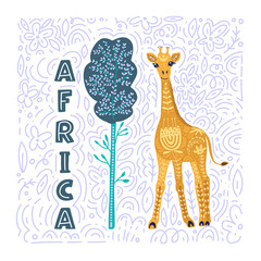 Cartoon giraffe vector flat illustration in scandinavian style. Cute african animal card.