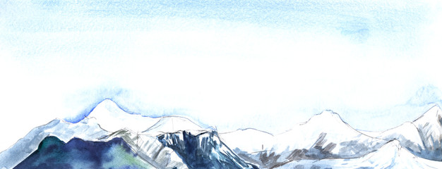 Watercolor abstract background perspective landscape of majestic mountain chain with snowy peaks beneath high light blue and white sky. Hand drawn brushstroke illustration on paper texture.