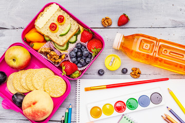 School lunch box with school supplies