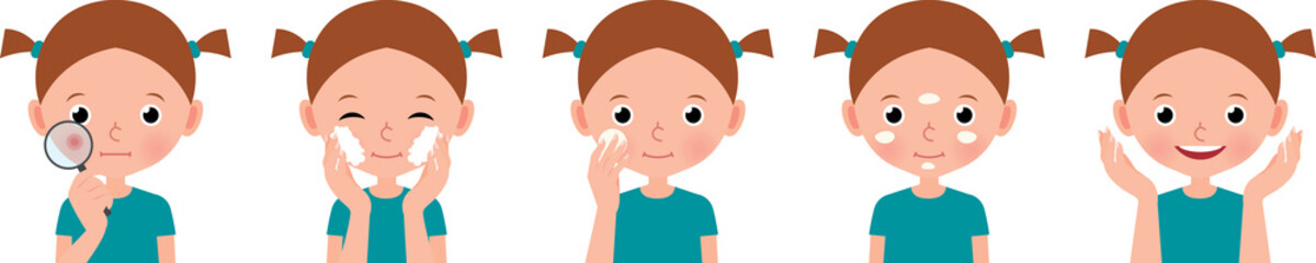 Obraz premium Stock vector cartoon illustration young woman taking care of her face skin in three beauty steps. Girl teen caring for her problem skin