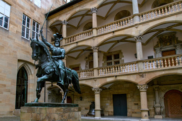 Equestrian statue of duke eberhard in the patio Old Castle, Stuttgart, Germany.The old castle is one of the oldest places in Stuttgart. This building began its history in the 10th century.