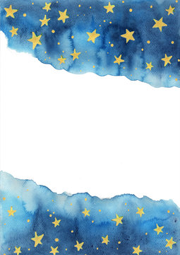 Night sky and gold star watercolor hand painting for decoration on winter season and Chritsmas holiday. © beelaa