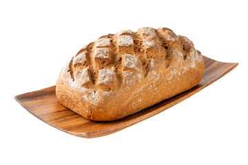 loaf of bread on wooden plate isolated on white background