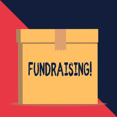 Writing note showing Fundraising. Business concept for seeking to generate financial support for charity or cause Close up front view brown cardboard sealed box lid. Blank background