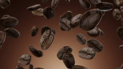 3d render Falling coffee grains on a brown background