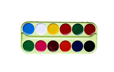 Top view of watercolor paints in box isolated on white background