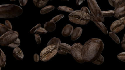 3d render Falling coffee grains on a black background