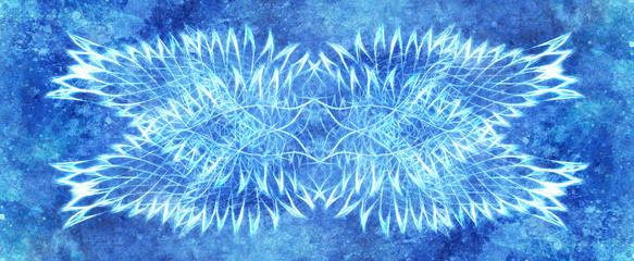bird feathers on blue background. Original drawing and computer effect.