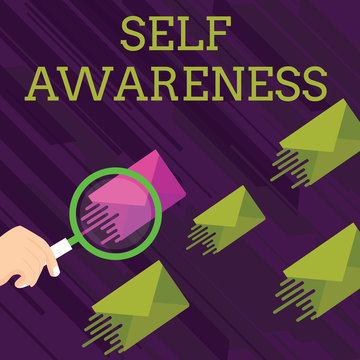 Text Sign Showing Self Awareness. Business Photo Showcasing Consciousness Of A Demonstrating Towards A Situation Or Happenings Magnifying Glass On One Different Color Envelope And Others Has Same