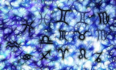 Hand drawn horoscope astrology symbols, fractal effect.