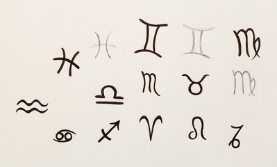 Hand drawn horoscope astrology symbols on paper.