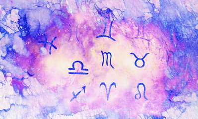 Hand drawn horoscope astrology symbols, color background.