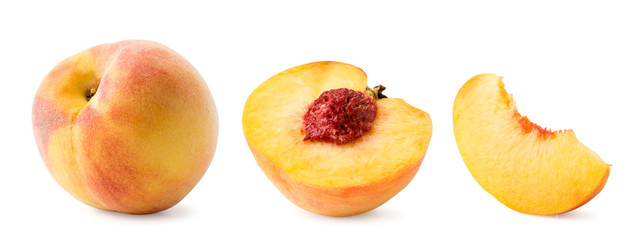 Set of ripe peach, half and piece close-up on a white. Isolated.