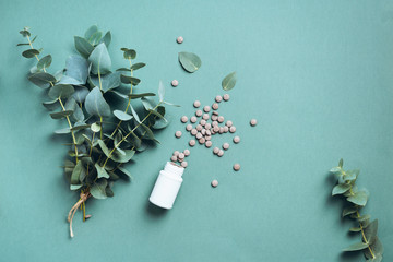 Alternative medicine - green eucalyptus leaves and pills on green background. Detox and anti...