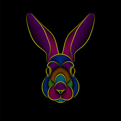 Engraving of stylized psychedelic rabbit portrait on black background. Line art. Stencil art