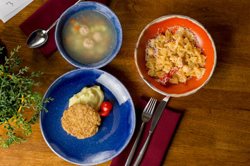 Table with food, top view. Having healthy lunch.