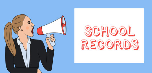 Writing note showing School Records. Business concept for Information that is kept about a child at school Biography Woman Jacket Ponytail Shouting into Loudhailer Rectangular Box