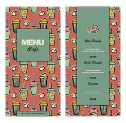 Menu template for cafe, bistro, fast food, pub, restaurant. Vector color illustration of a retro style with a hand-drawn doodle pattern on a red pastel background